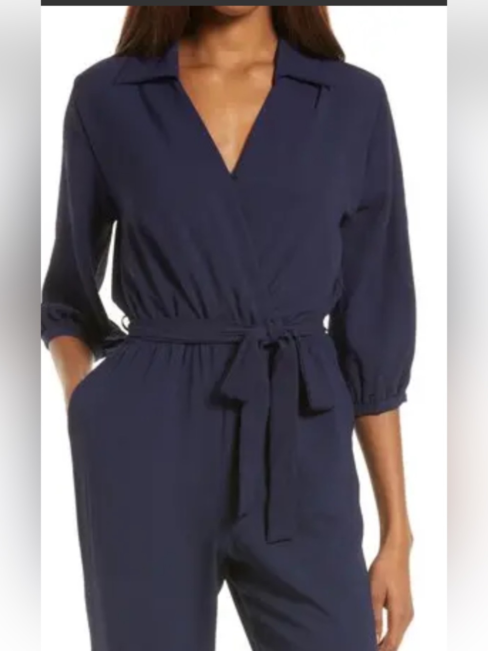 V-Neck Navy Long-Sleeve Waist-Tie Jumpsuit